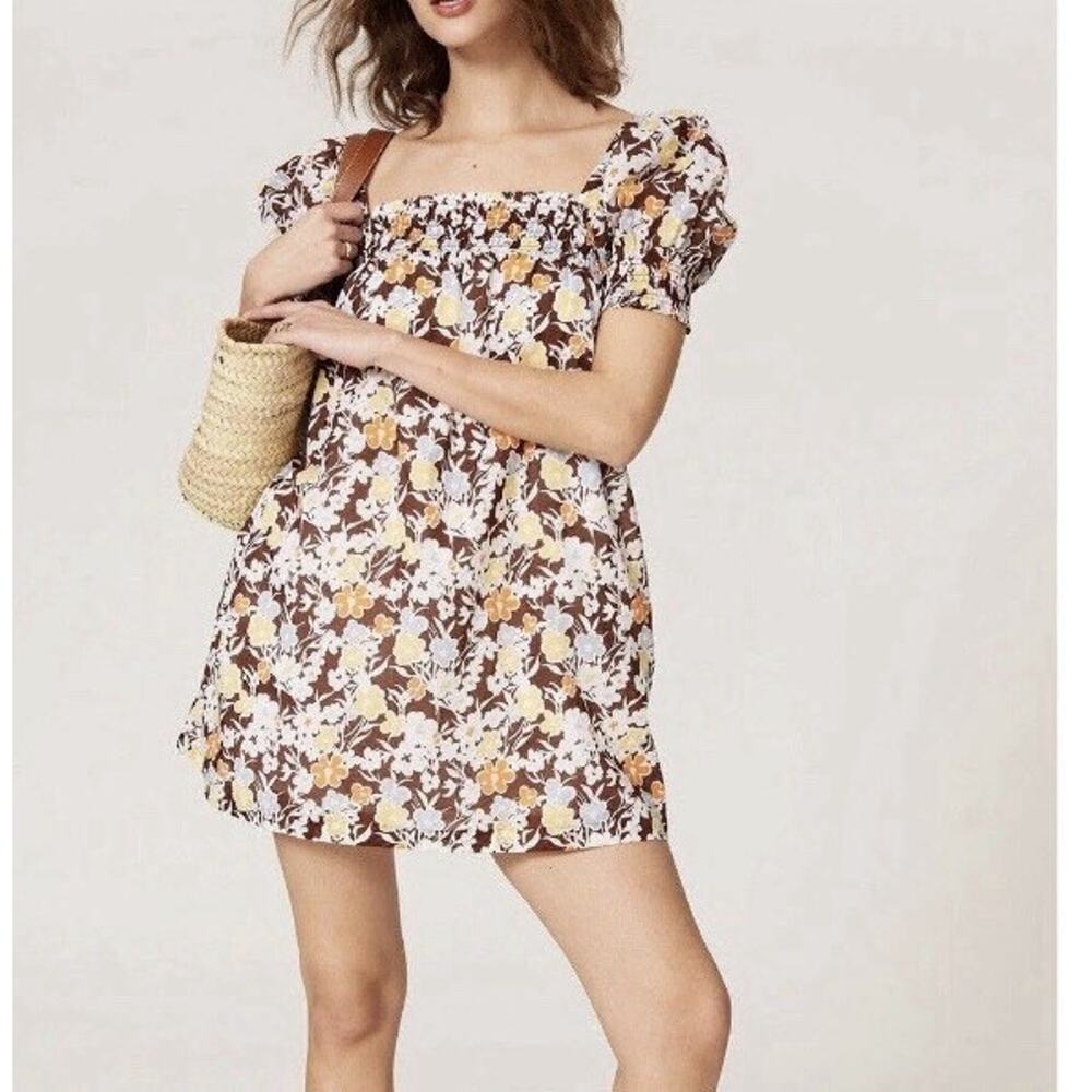 Tory Burch Lucky Meadow Smocked Mini Dress Floral Cotton XS Brown Puff Sleeve
